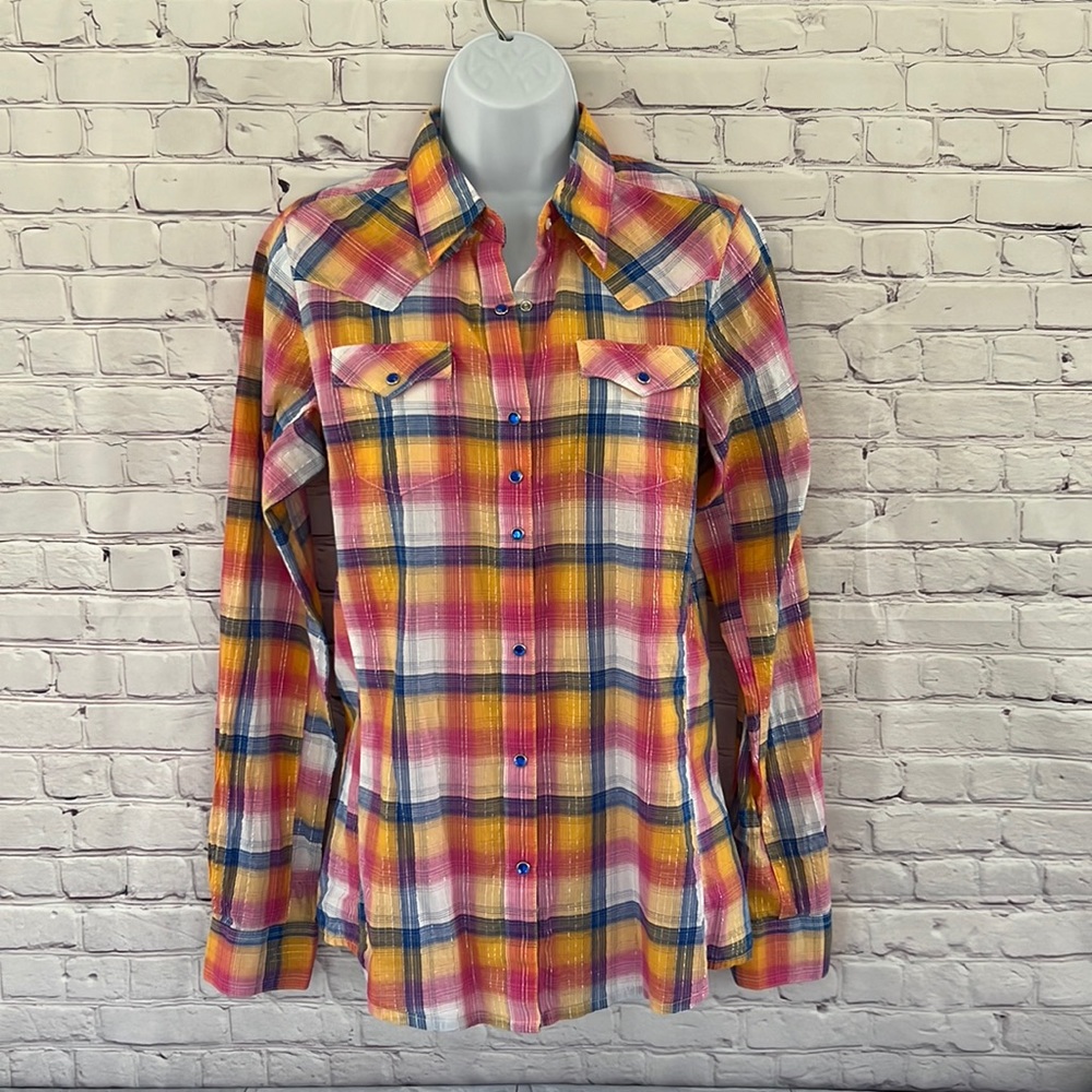 Vintage wrangler multi plaid colored cowgirl shirt size medium